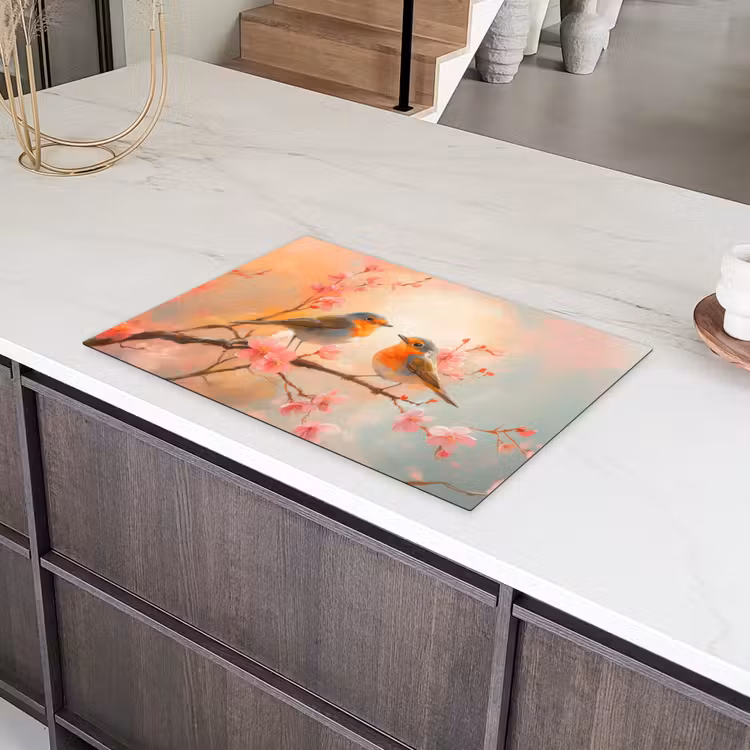 Roodborstjes - Sierlijk - Bloesemtak Inductie beschermer vinyl 3mm klein -sfeer8