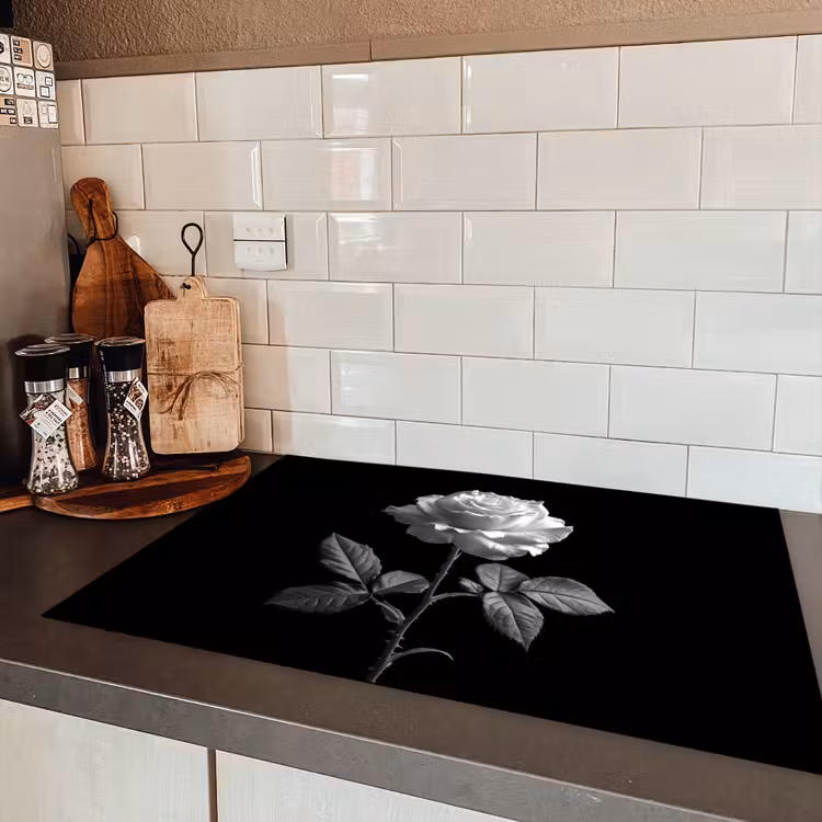 Roos - Zwart-wit - Bloem Inductie beschermer vinyl 3mm klein -sfeer3