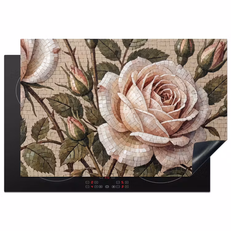 Roos - Mozaïek - Bloemen - Klassiek - Beige Inductie beschermer vinyl 3mm klein -3d
