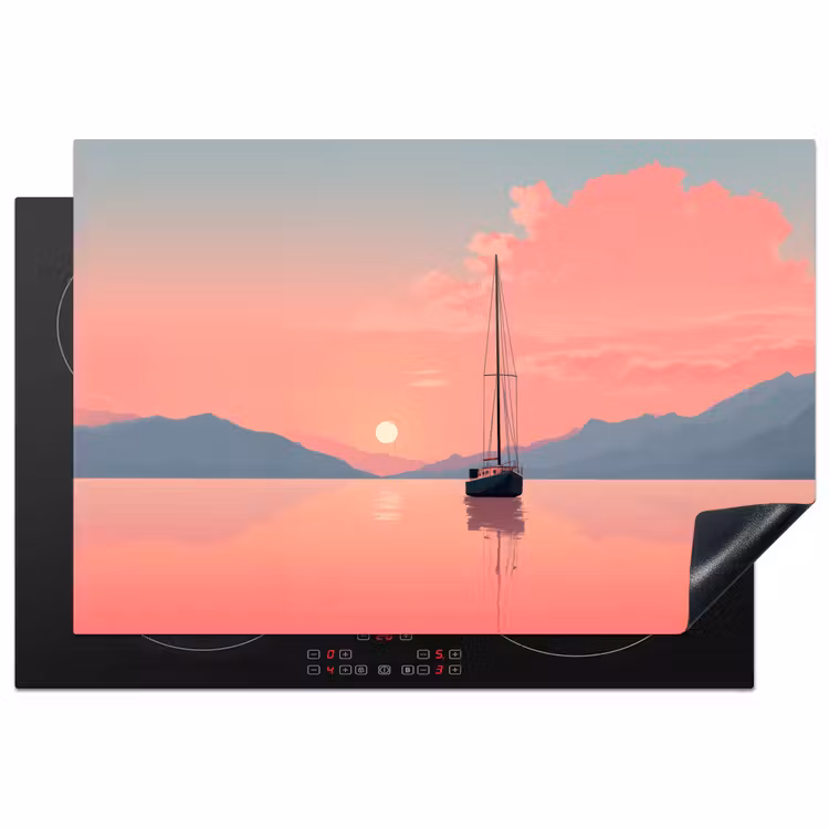 Zeilboot - Roze zee - Zonsondergang - Bergen Inductie beschermer vinyl 3mm klein -3d