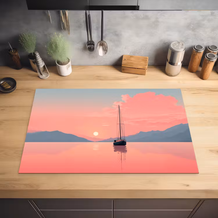 Zeilboot - Roze zee - Zonsondergang - Bergen Inductie beschermer vinyl 3mm klein -sfeer5
