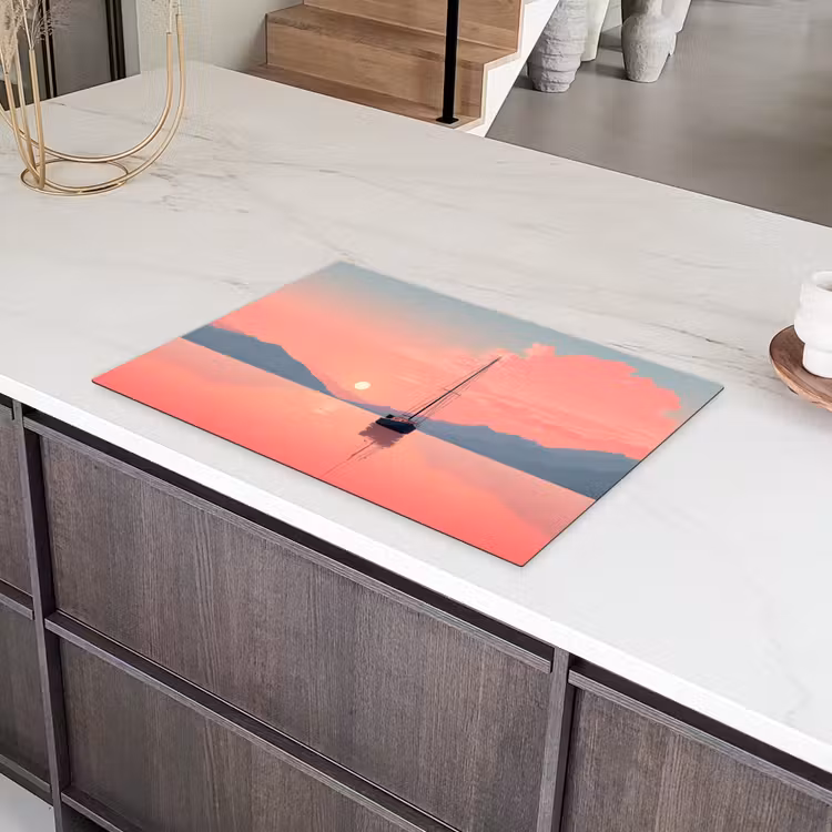 Zeilboot - Roze zee - Zonsondergang - Bergen Inductie beschermer vinyl 3mm klein -sfeer8