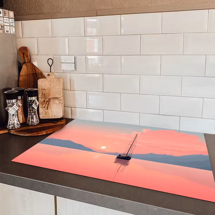Zeilboot - Roze zee - Zonsondergang - Bergen Inductie beschermer vinyl 3mm klein -sfeer3