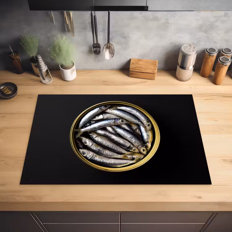 Sardines - Vissen - Rond - Zwart Inductie beschermer vinyl 3mm klein -sfeer5