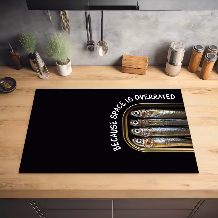 Sardines - Tekst - Vis - Blik Inductie beschermer vinyl 3mm klein -sfeer5