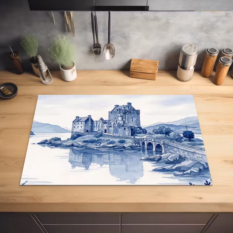 Schots - Kasteel - Blauw - Aquarel Inductie beschermer vinyl 3mm klein -sfeer5