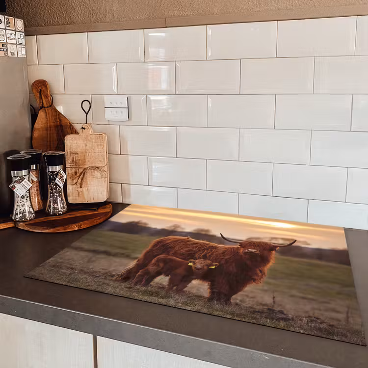 Schotse hooglander - Dieren - Landschap - Zonsondergang - Koe Inductie beschermer vinyl 3mm middel -sfeer3