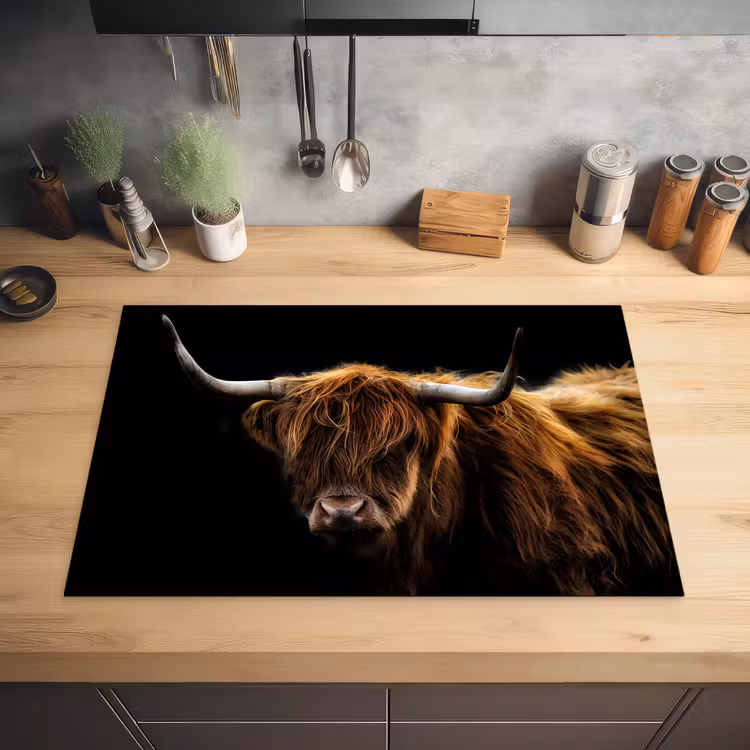 Schotse Hooglander - Horens - Zwart - Dieren - Natuur - Wild - Koe Inductie beschermer vinyl 3mm klein -sfeer5