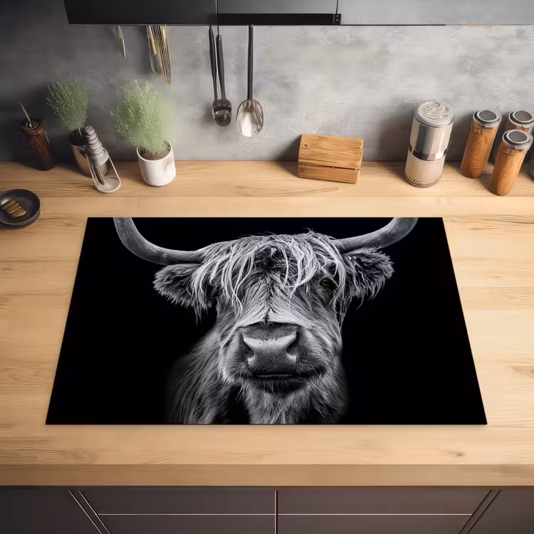 Schotse Hooglander - Horens - Zwart - Wit - Koe - Wild - Dieren Inductie beschermer vinyl 3mm klein -sfeer5
