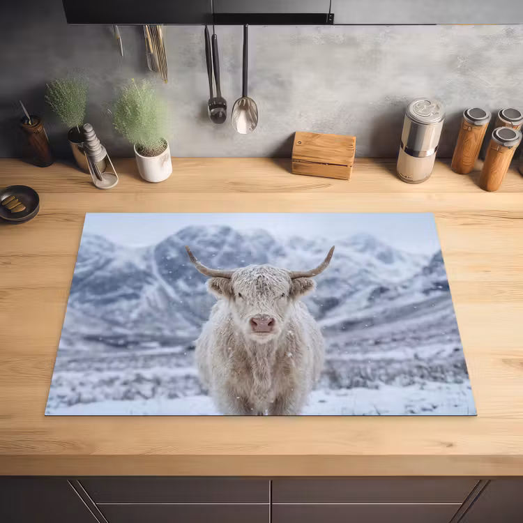 Schotse Hooglander - Sneeuw - Bergen - Winter Inductie beschermer vinyl 3mm klein -sfeer5