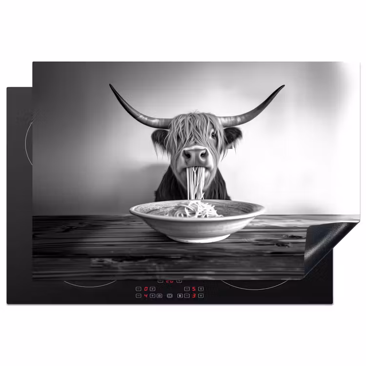 Schotse Hooglander - Spaghetti - Dieren - Zwart wit Inductie beschermer vinyl 3mm klein -3d
