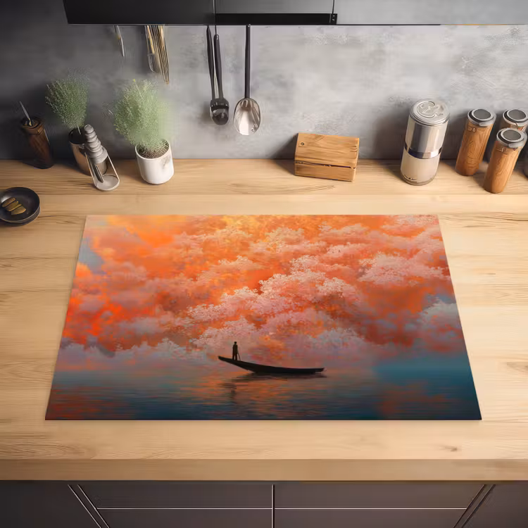 Zee - Boot - Wolken - Oranje Inductie beschermer vinyl 3mm klein -sfeer5