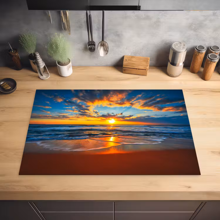 Zee - Zonsondergang - Strand - Wolken - Oranje Inductie beschermer vinyl 3mm klein -sfeer5