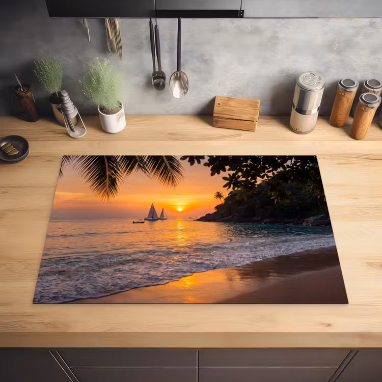 Zee - Zonsondergang - Boot - Natuur - Oranje Inductie beschermer vinyl 3mm klein -sfeer5