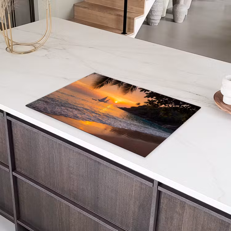 Zee - Zonsondergang - Boot - Natuur - Oranje Inductie beschermer vinyl 3mm klein -sfeer8