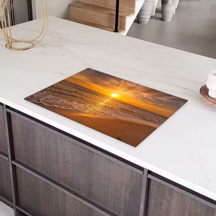 Zee - Zonsondergang - Golven - Kust - Oranje Inductie beschermer vinyl 3mm klein -sfeer8