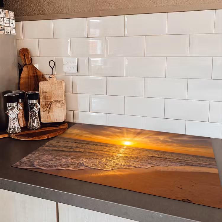 Zee - Zonsondergang - Golven - Kust - Oranje Inductie beschermer vinyl 3mm klein -sfeer3
