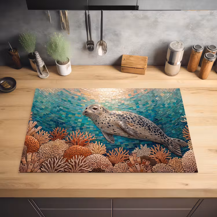 Zeehond - Mozaïek - Onderwater - Dieren - Blauw Inductie beschermer vinyl 3mm klein -sfeer5