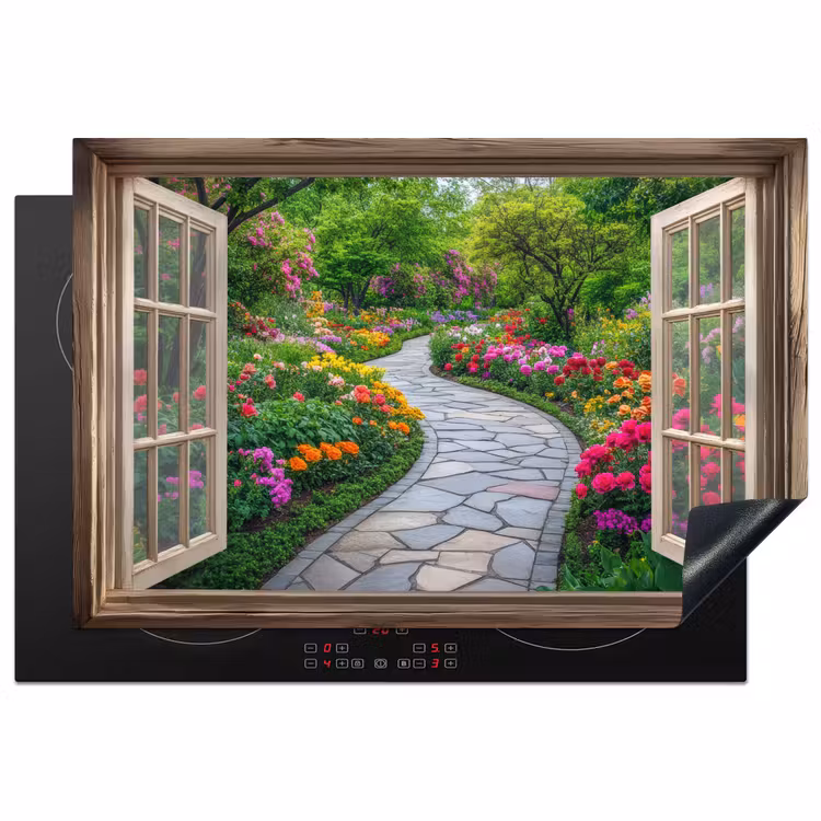 Doorkijk - Bloemen - Tuinpad - Natuur - Raam Inductie beschermer vinyl 3mm klein -3d