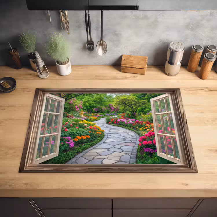 Doorkijk - Bloemen - Tuinpad - Natuur - Raam Inductie beschermer vinyl 3mm klein -sfeer5