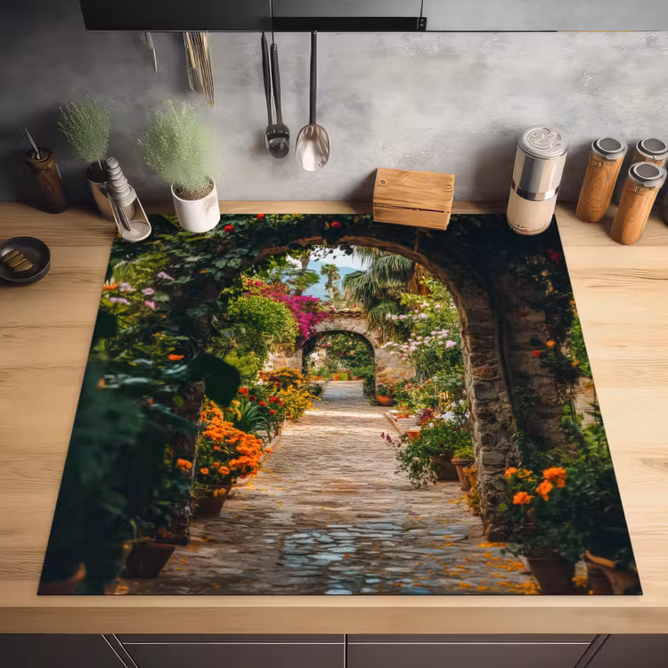 Doorkijk - Bloemen - Poort - Stenen Inductie beschermer vinyl 3mm middel -sfeer5