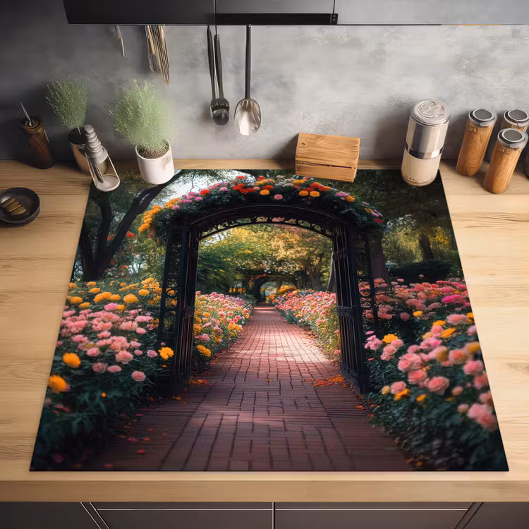 Doorkijk - Bloemen - Pad - Natuur - Kleurrijk Inductie beschermer vinyl 3mm middel -sfeer5