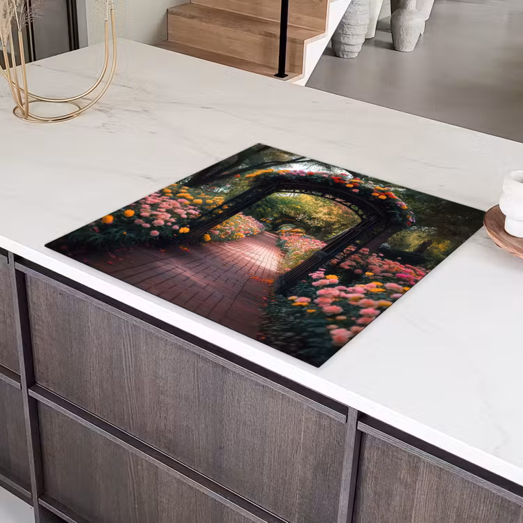Doorkijk - Bloemen - Pad - Natuur - Kleurrijk Inductie beschermer vinyl 3mm middel -sfeer8