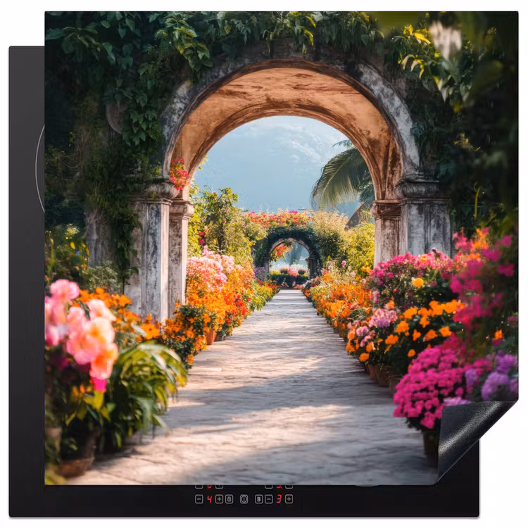 Doorkijk - Bloemen - Tropisch - Kleurrijk Inductie beschermer vinyl 3mm middel -3d