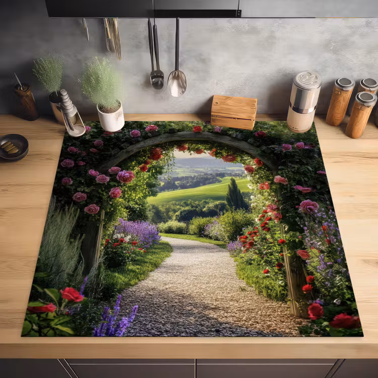 Doorkijk - Tuinboog - Bloemen - Natuur - Pad Inductie beschermer vinyl 3mm middel -sfeer5