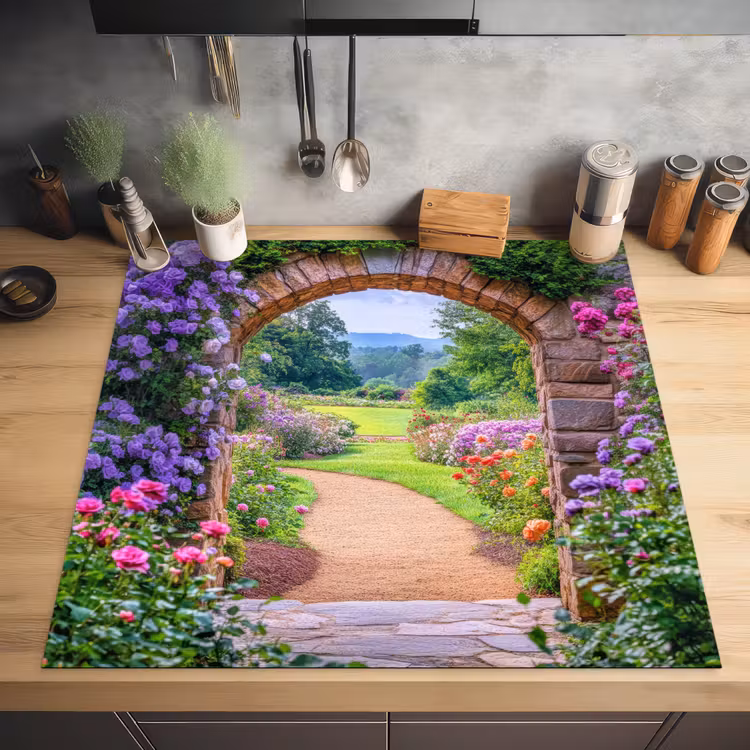 Doorkijk - Poort - Bloemen - Tuin Inductie beschermer vinyl 3mm middel -sfeer5