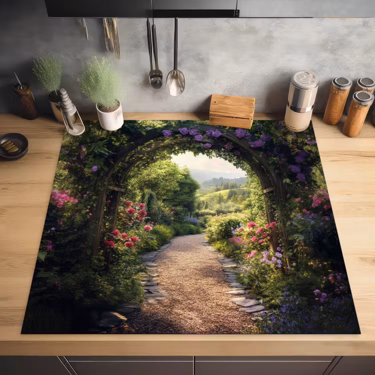 Doorkijk - Landschap - Bloemen - Tuinboog - Natuur Inductie beschermer vinyl 3mm middel -sfeer5