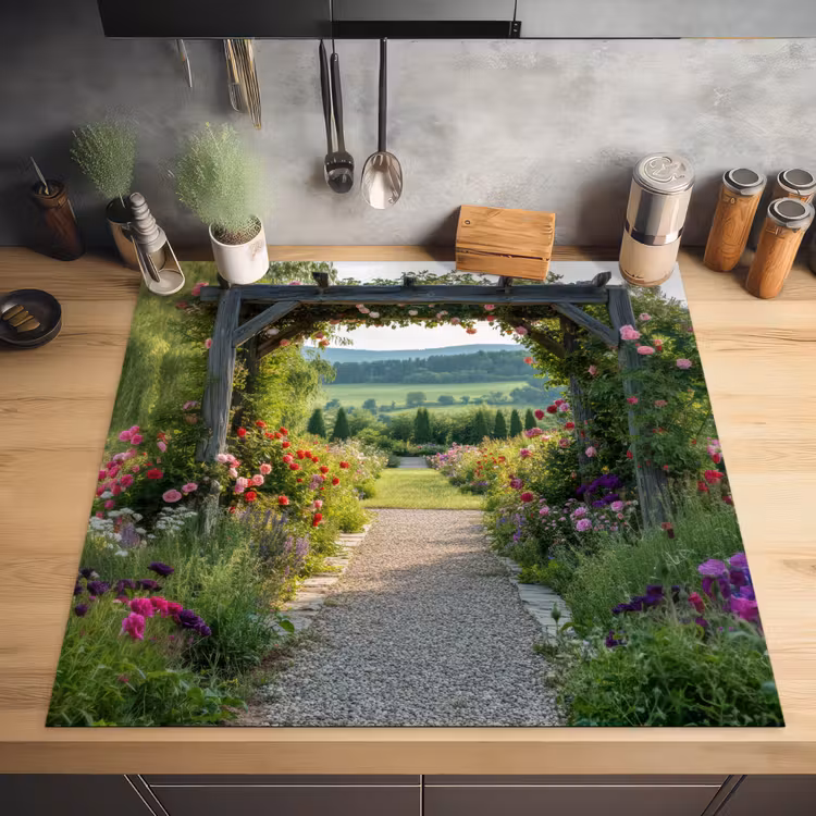 Doorkijk - Landschap - Natuur - Tuinboog - Bloemen Inductie beschermer vinyl 3mm middel -sfeer5