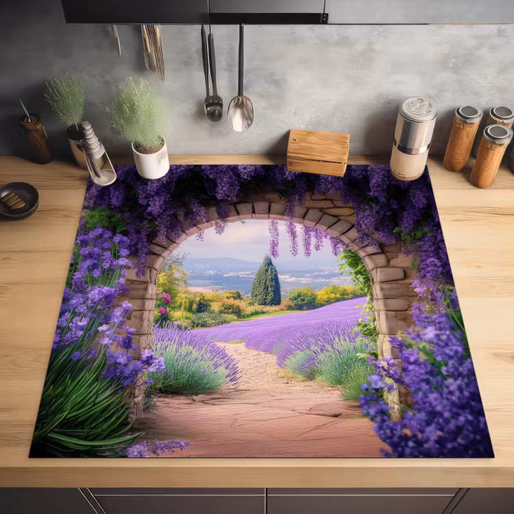 Doorkijk - Lavendel - Bloemen - Paars - Poort Inductie beschermer vinyl 3mm middel -sfeer5