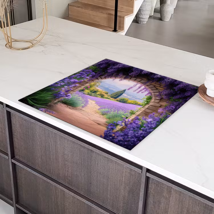 Doorkijk - Lavendel - Bloemen - Paars - Poort Inductie beschermer vinyl 3mm middel -sfeer8