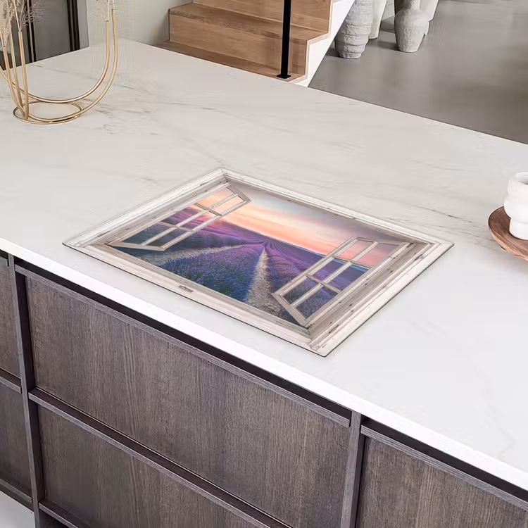 Doorkijk - Lavendel - Bloemen - Hout - Zonsondergang - Paars Inductie beschermer vinyl 3mm middel -sfeer8