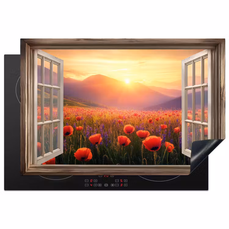 Doorkijk - Klaprozen - Bloemen - Rood - Open raam Inductie beschermer vinyl 3mm klein -3d