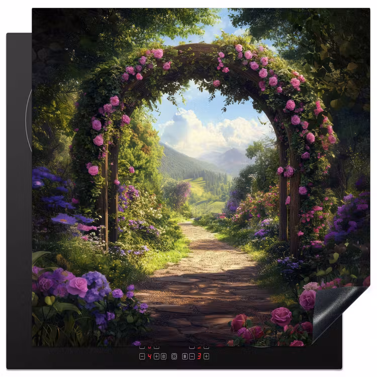 Doorkijk - Rozenboog - Uitzicht - Landschap - Bloemen Inductie beschermer vinyl 3mm middel -3d