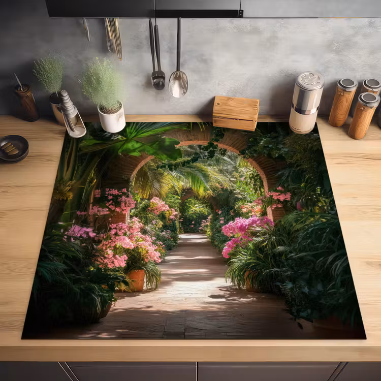 Doorkijk - Tropisch - Bloemen - Natuur Inductie beschermer vinyl 3mm middel -sfeer5