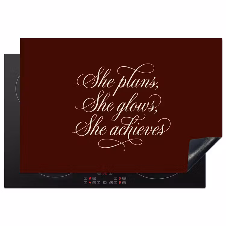 She plans she glows she achieves - Rood - Cursief Inductie beschermer vinyl 3mm klein -3d