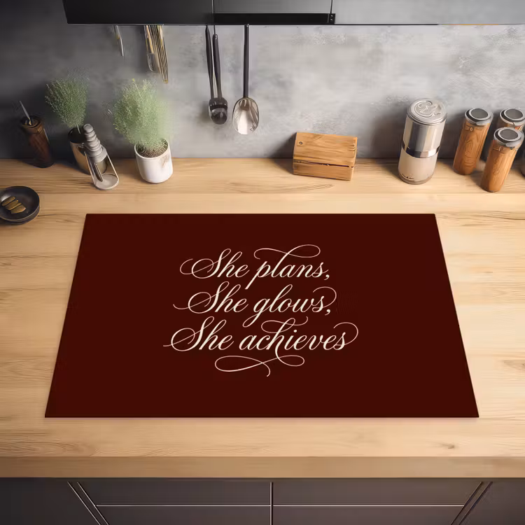 She plans she glows she achieves - Rood - Cursief Inductie beschermer vinyl 3mm klein -sfeer5