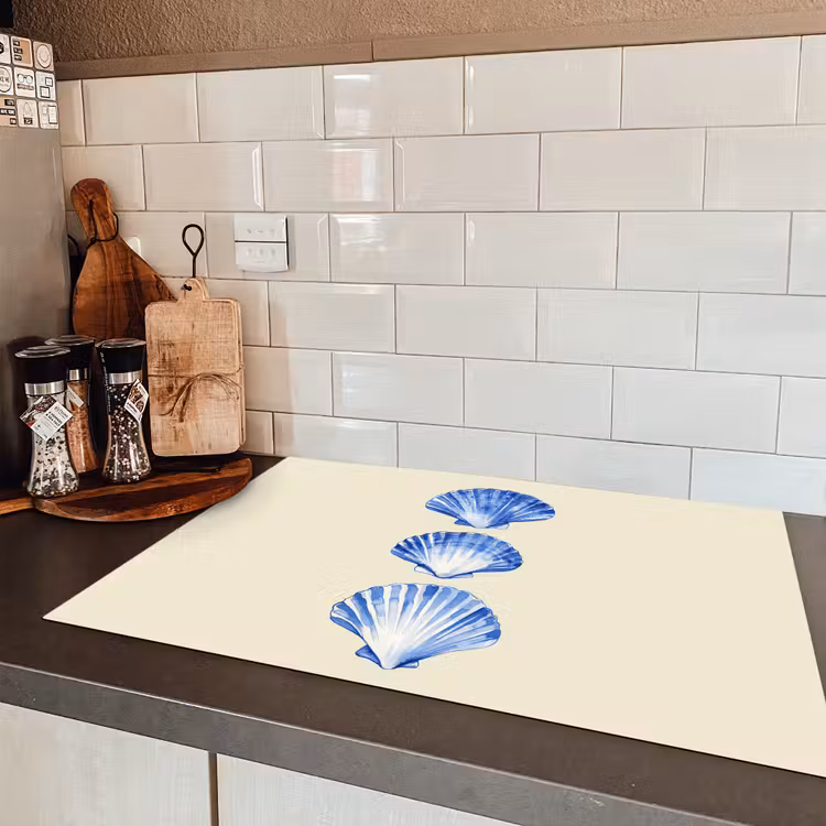 Schelpen - Blauw - Beige Inductie beschermer vinyl 3mm klein -sfeer3