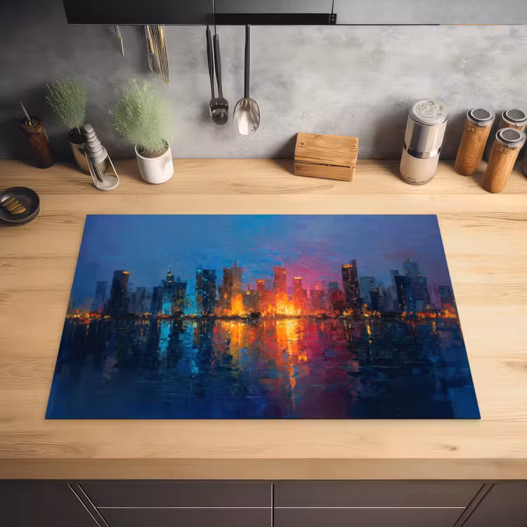 Skyline - Penseelstreken - Donkerblauw - Lichtgevend Inductie beschermer vinyl 3mm klein -sfeer5