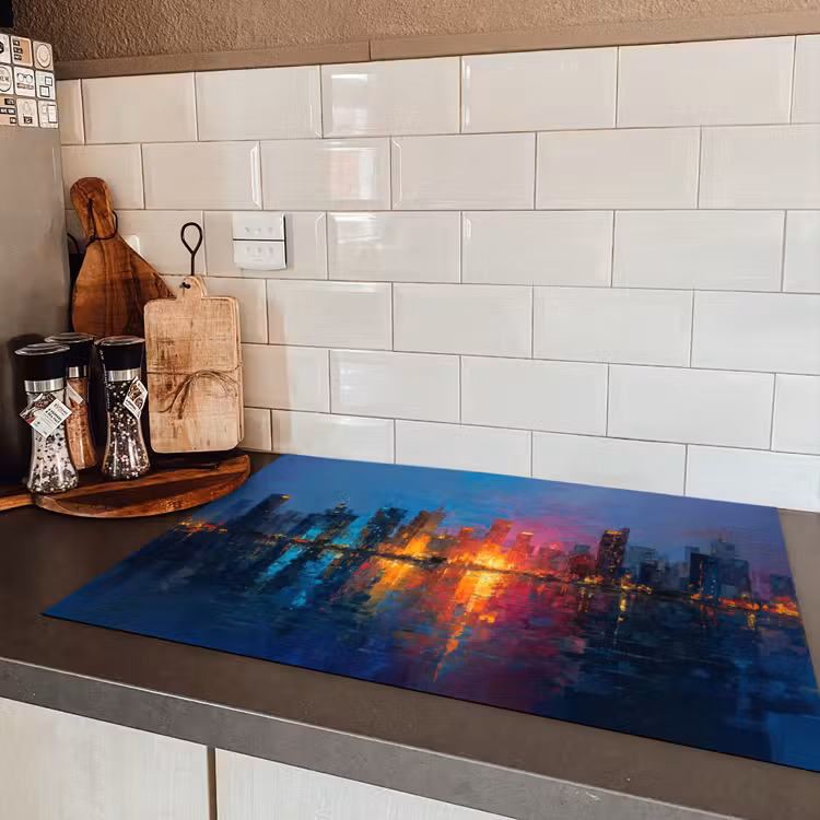 Skyline - Penseelstreken - Donkerblauw - Lichtgevend Inductie beschermer vinyl 3mm klein -sfeer3