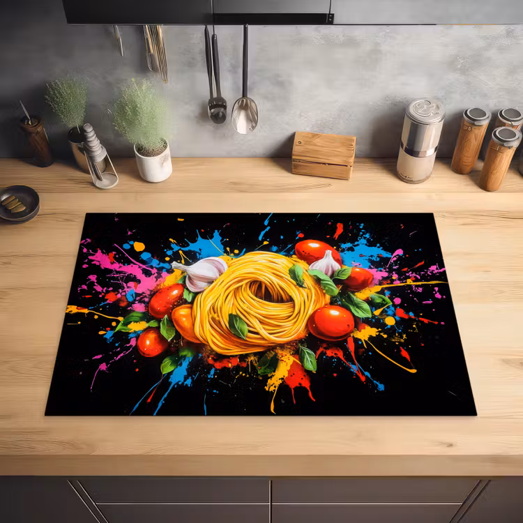 Spaghetti - Graffiti - Verf - Kleurrijk - Eten - Modern Inductie beschermer vinyl 3mm klein -sfeer5