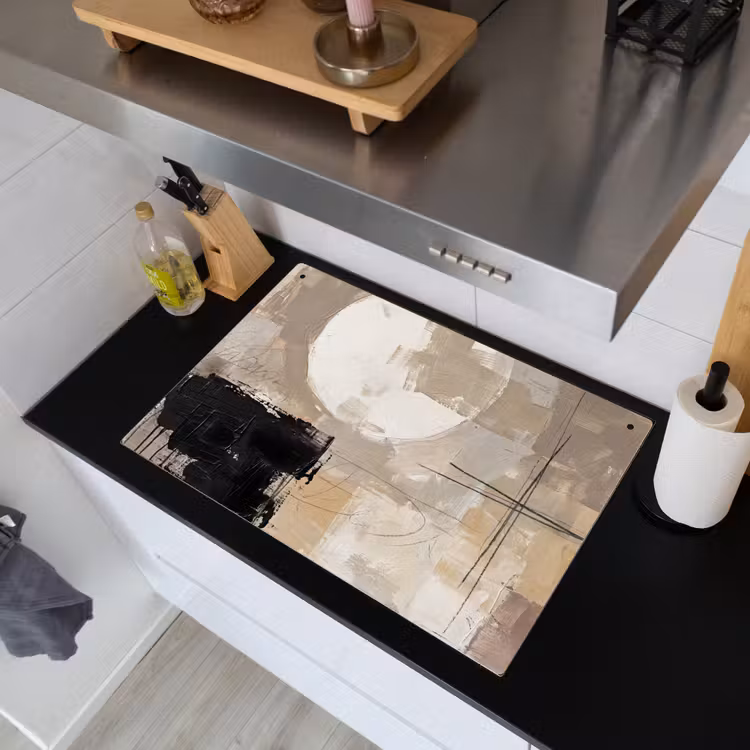 Abstract - Cirkel - Modern - Beige - Zwart - Minimalistisch Inductie beschemer met haakjes klein -sfeer1