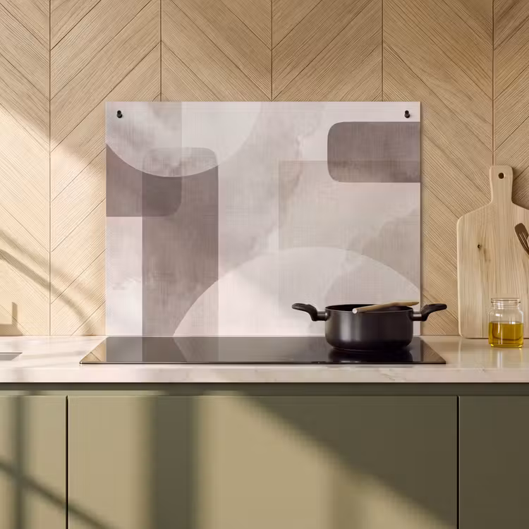 Induction Hob Cover & Splashback (2-in-1) - Abstract Shapes - Beige - Abstracte vormen - Beige Inductie beschemer met haakjes klein