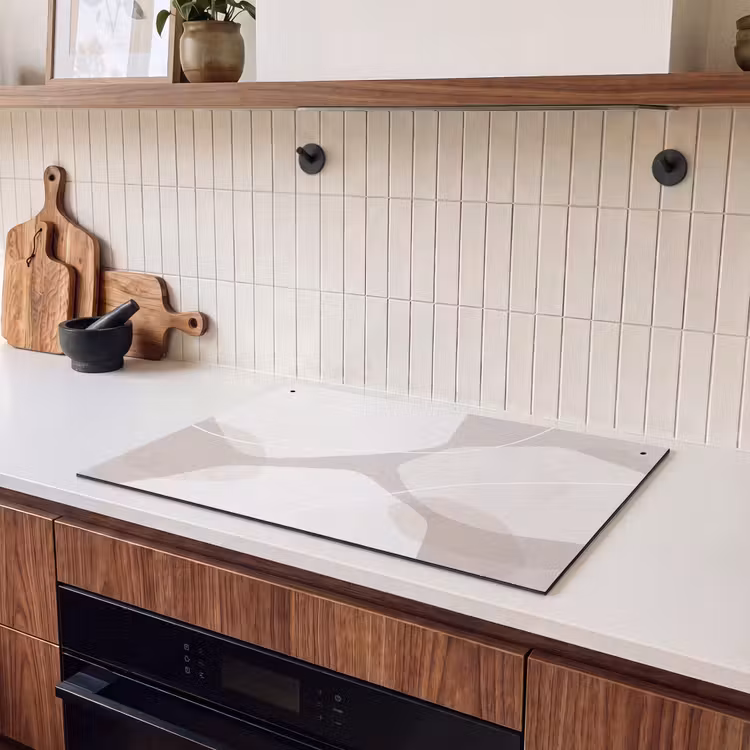 Induction Hob Cover & Splashback (2-in-1) - Abstract - Shapes - Beige - Abstract - Vormen - Beige Inductie beschemer met haakjes klein