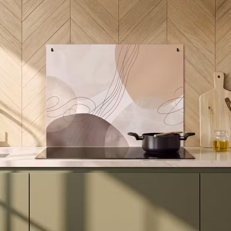 Induction Hob Cover & Splashback (2-in-1) - Abstraction - Beige - Modern - Abstractie - Beige - Modern Inductie beschemer met haakjes klein