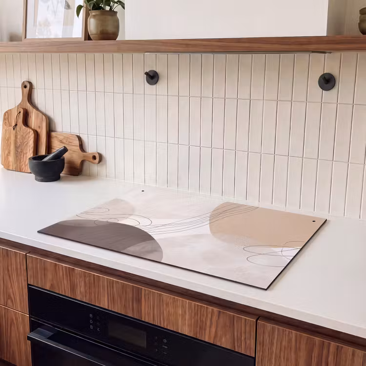 Induction Hob Cover & Splashback (2-in-1) - Abstraction - Beige - Modern - Abstractie - Beige - Modern Inductie beschemer met haakjes klein