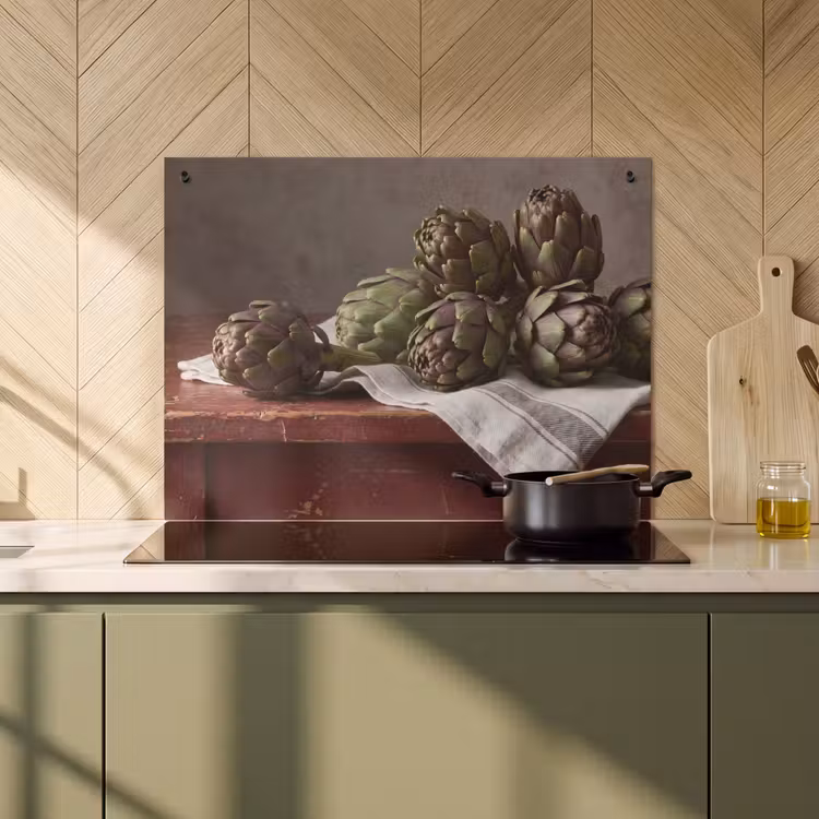 Induction Hob Cover & Splashback (2-in-1) - Artichoke - Food - Rustic - Artisjok - Eten - Rustiek Inductie beschemer met haakjes klein